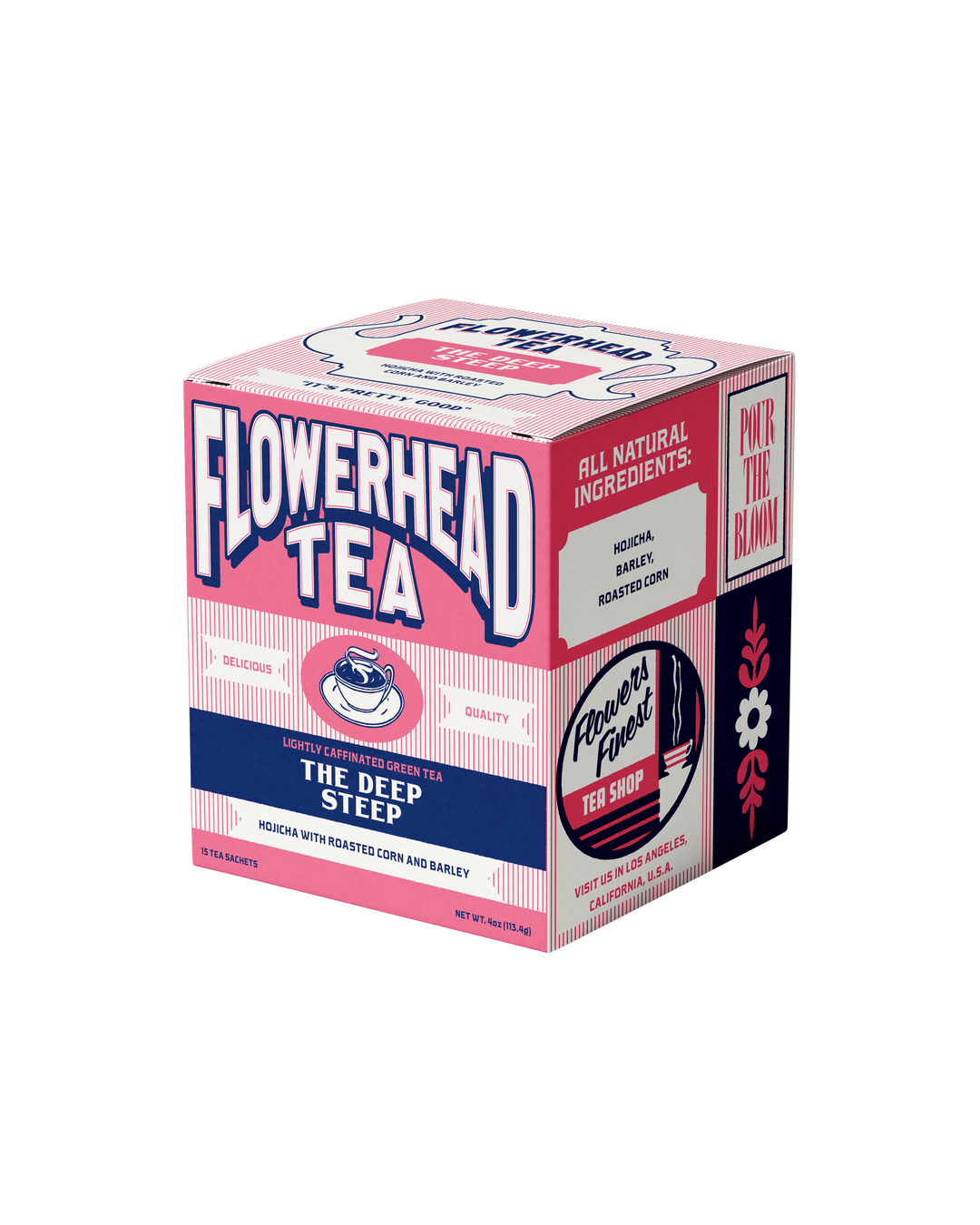Box of Flowerhead Tea with pink and blue design on a white background