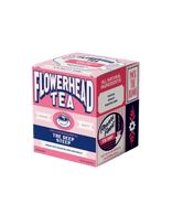 Box of Flowerhead Tea with pink and blue design on a white background
