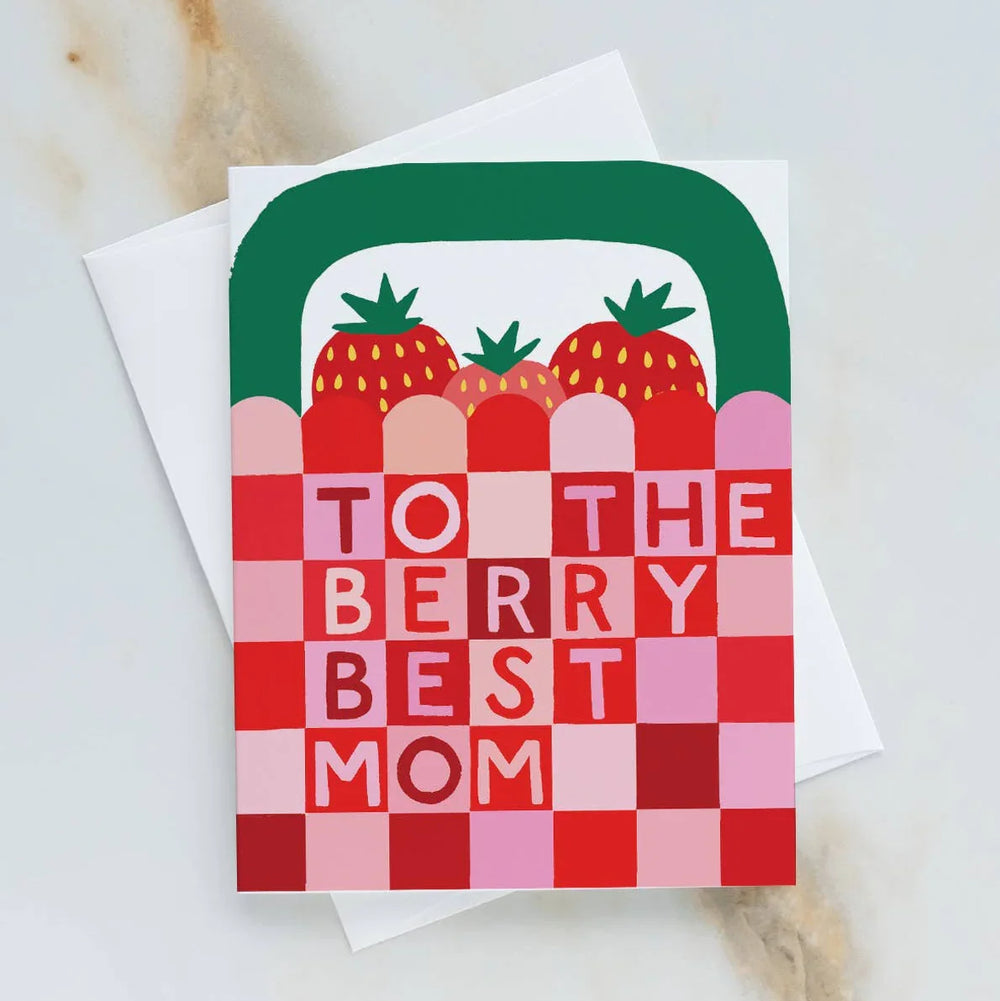 Greeting card with strawberries and text 'To the berry best mom' on a checkered background