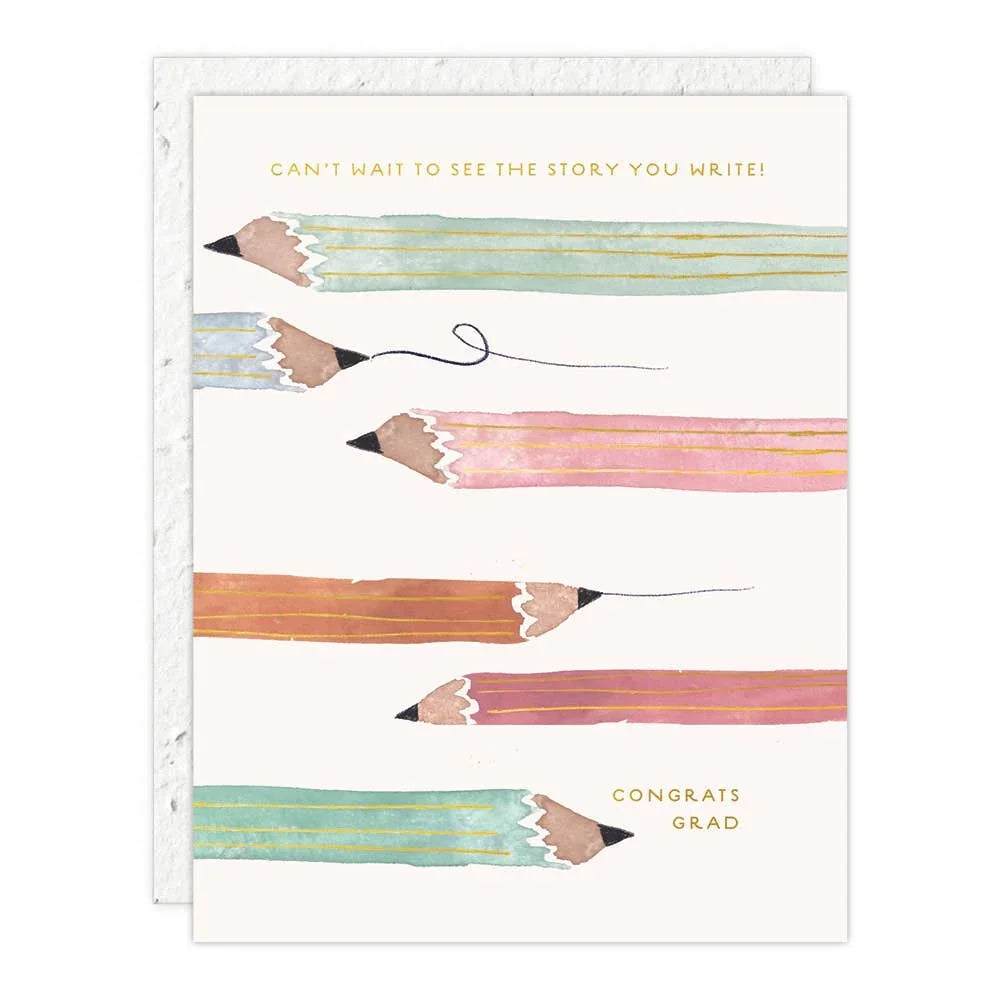 Graduation card with colorful pencils and text 'Can't wait to see the story you write! Congrats Grad' on a white background.