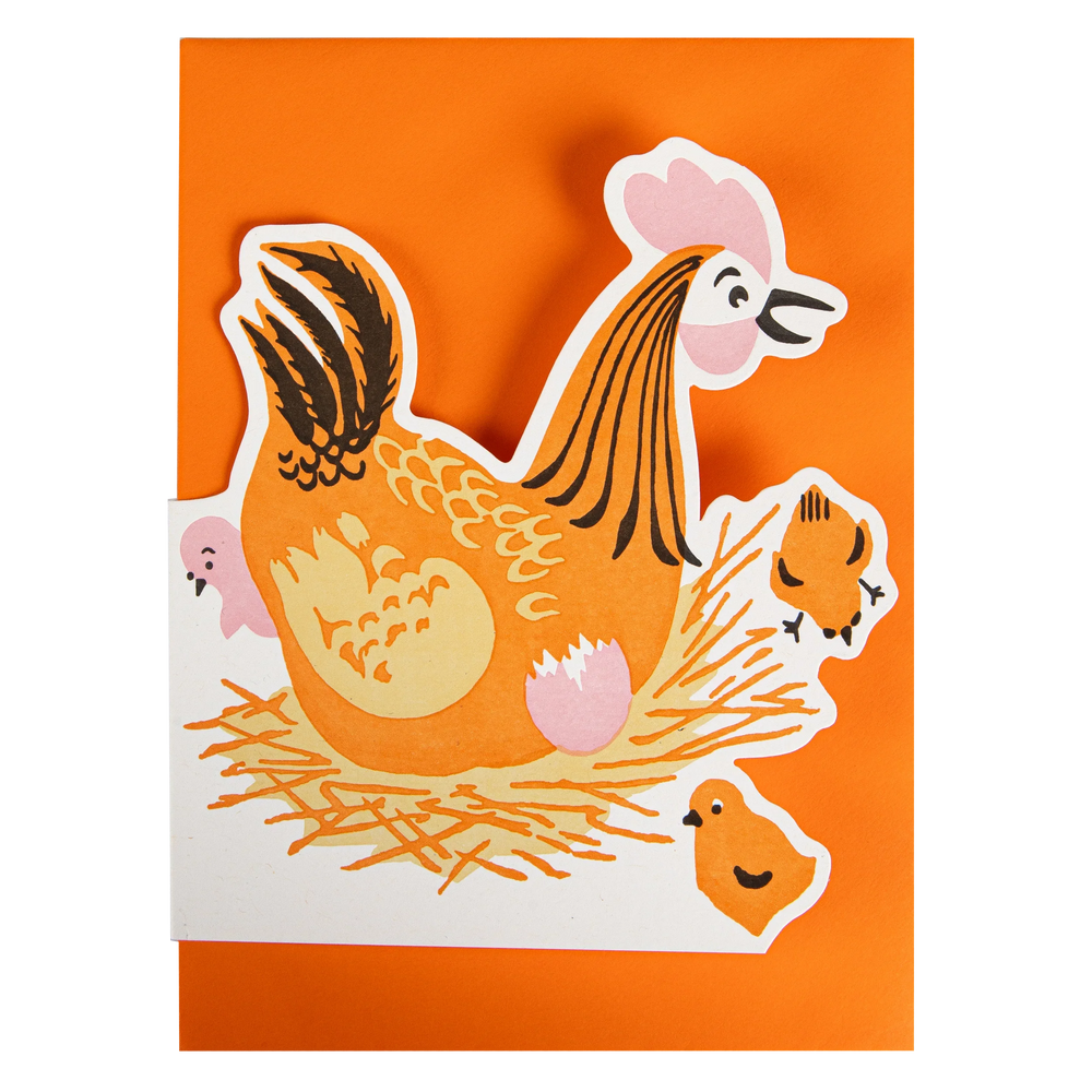 Card with a rooster and chicks design on an orange background
