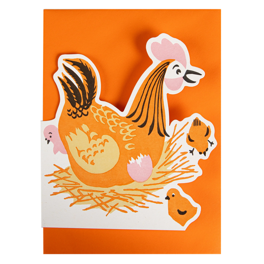 Card with a rooster and chicks design on an orange background