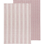 Two patterned cloths, one with a subtle pink line design and the other with a red and white checkered pattern, on a white background.