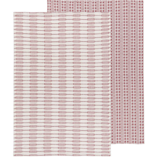 Two patterned cloths, one with a subtle pink line design and the other with a red and white checkered pattern, on a white background.