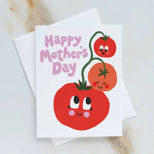 Mother's Day card with cartoon tomatoes on a marble surface