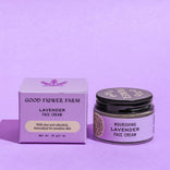 Good Flower Farm lavender face cream jar and box on a purple background
