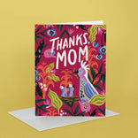 Greeting card with 'Thanks, Mom' text and colorful design on a yellow background