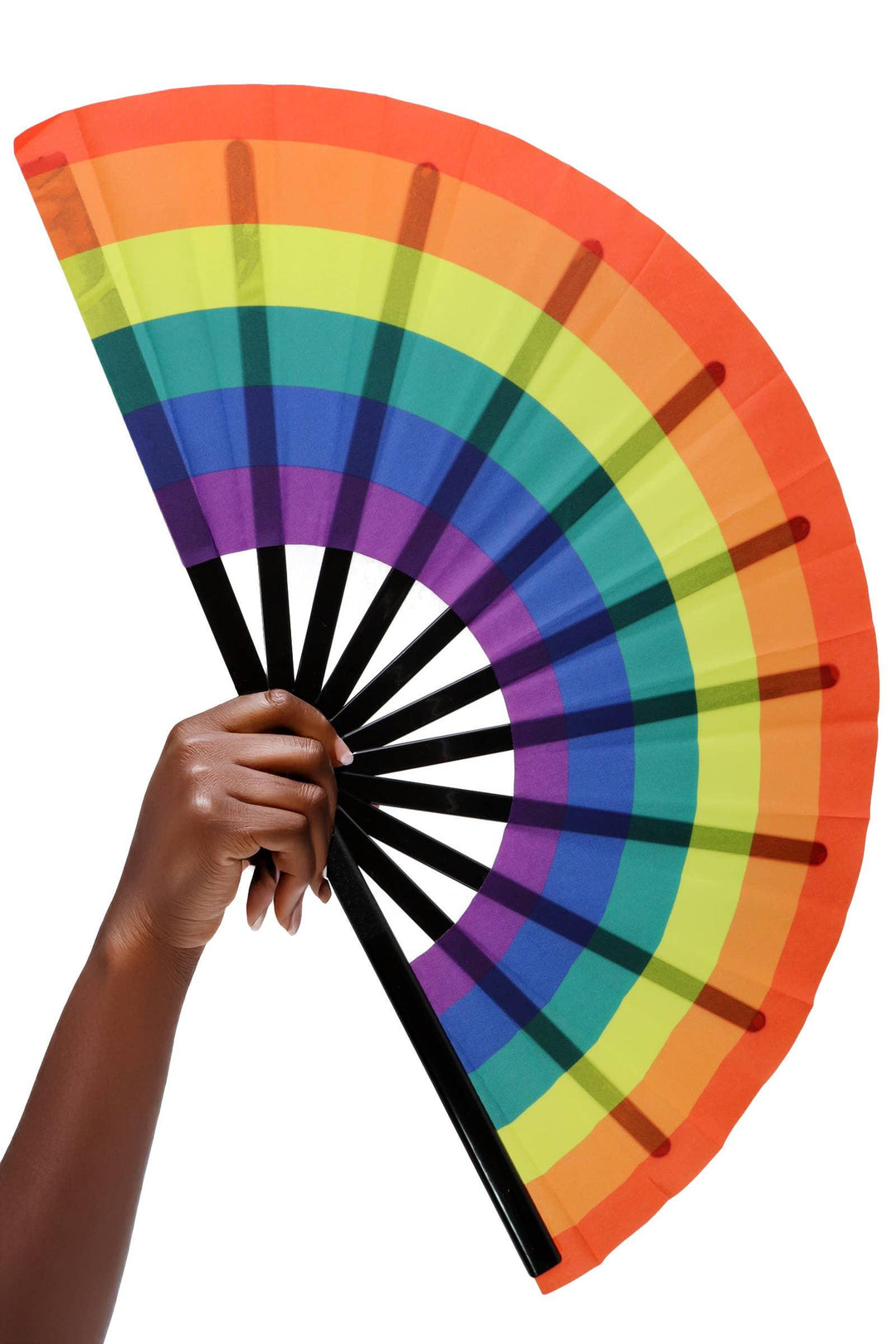 Hand holding vibrant rainbow pride fan with black ribs, perfect for celebrations and events.