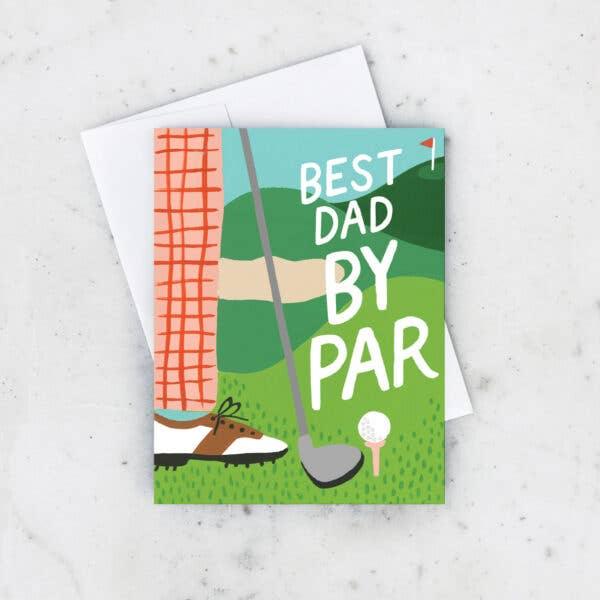 Greeting card with golf-themed design and 'Best Dad By Par' text on a white background