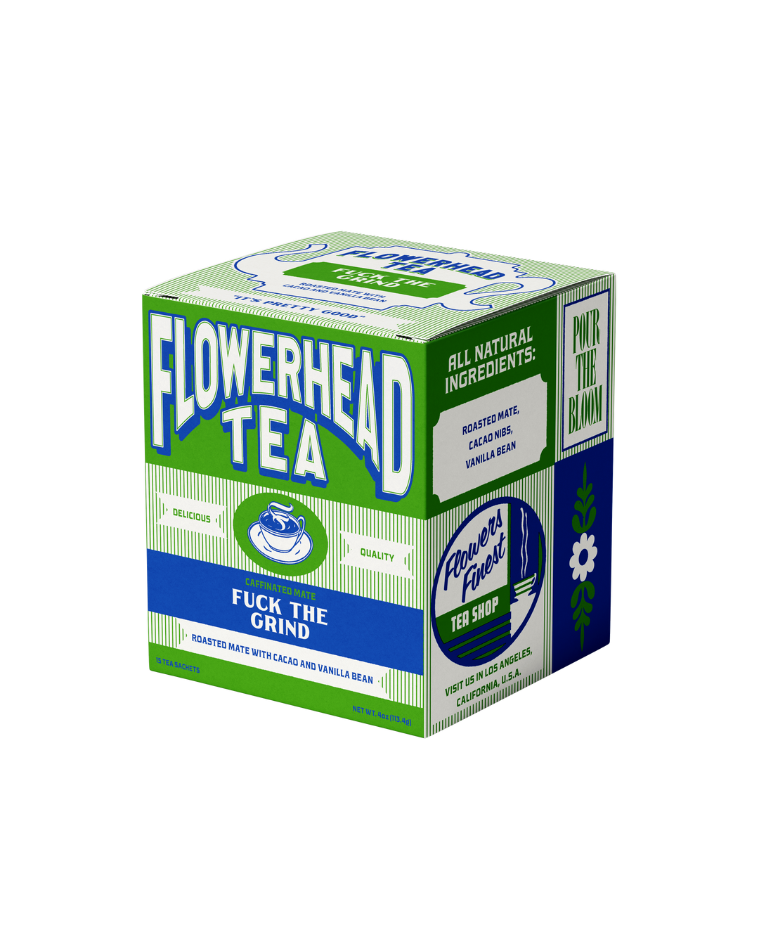 Box of Flowerhead Tea with green and blue design on a white background