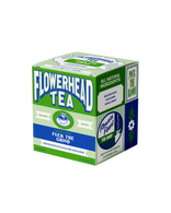 Box of Flowerhead Tea with green and blue design on a white background