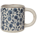 Ceramic mug with blue floral pattern on a white background