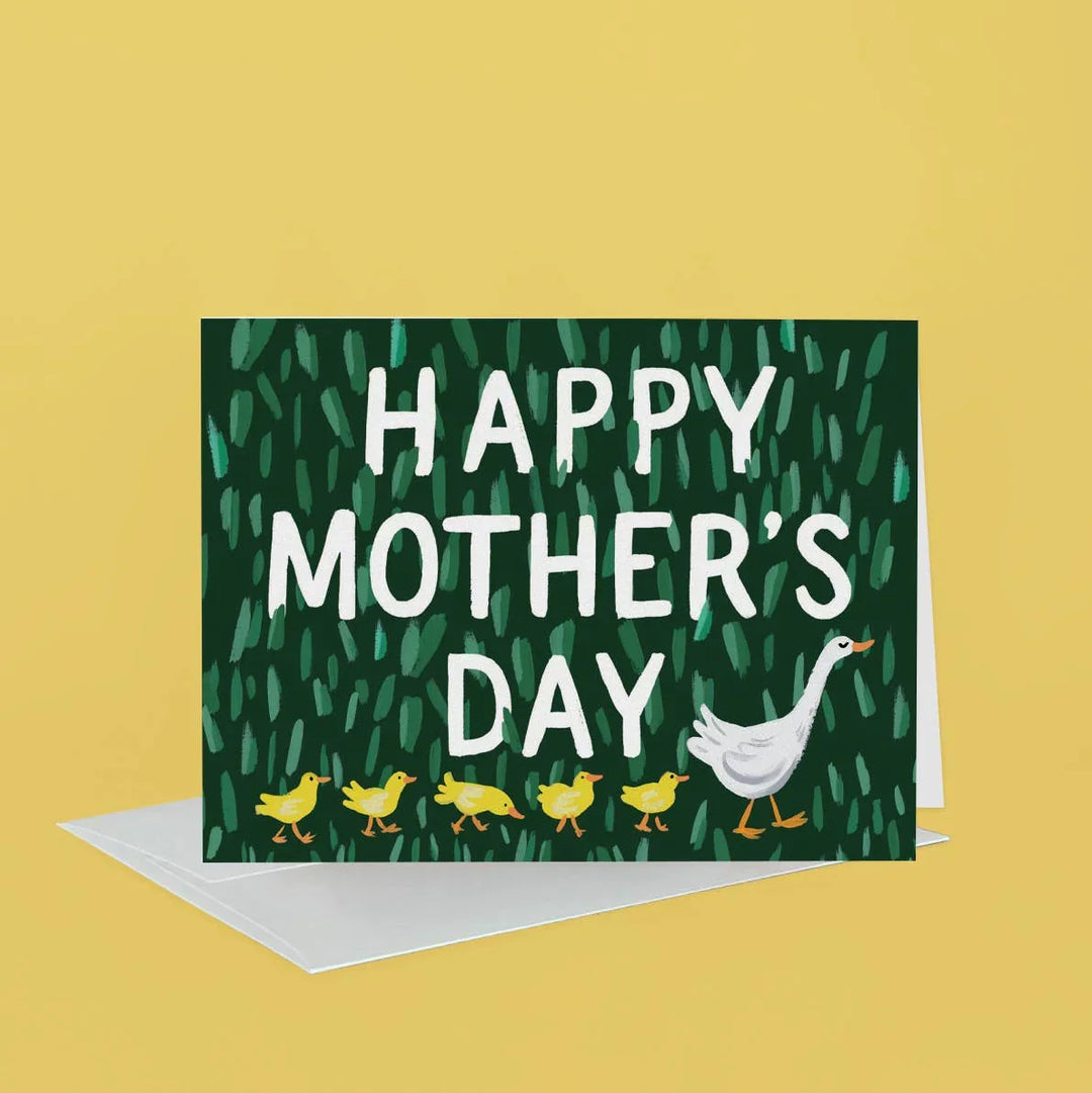 Mother's Day card with a goose and ducklings on a green background