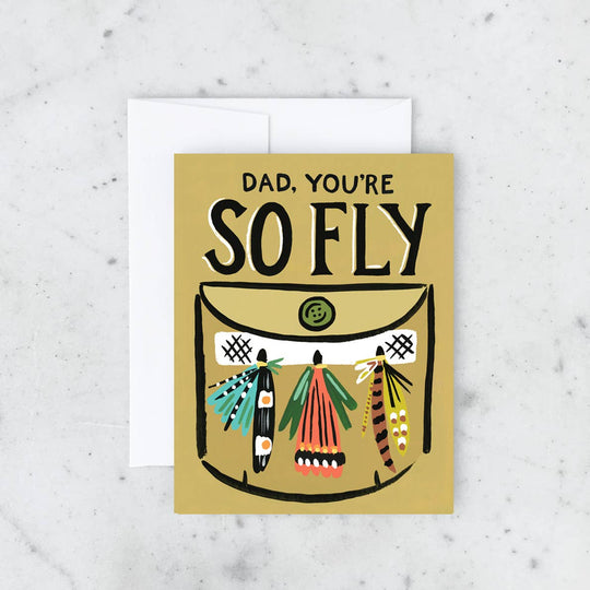 Greeting card with 'Dad, you're so fly' text on a marble background