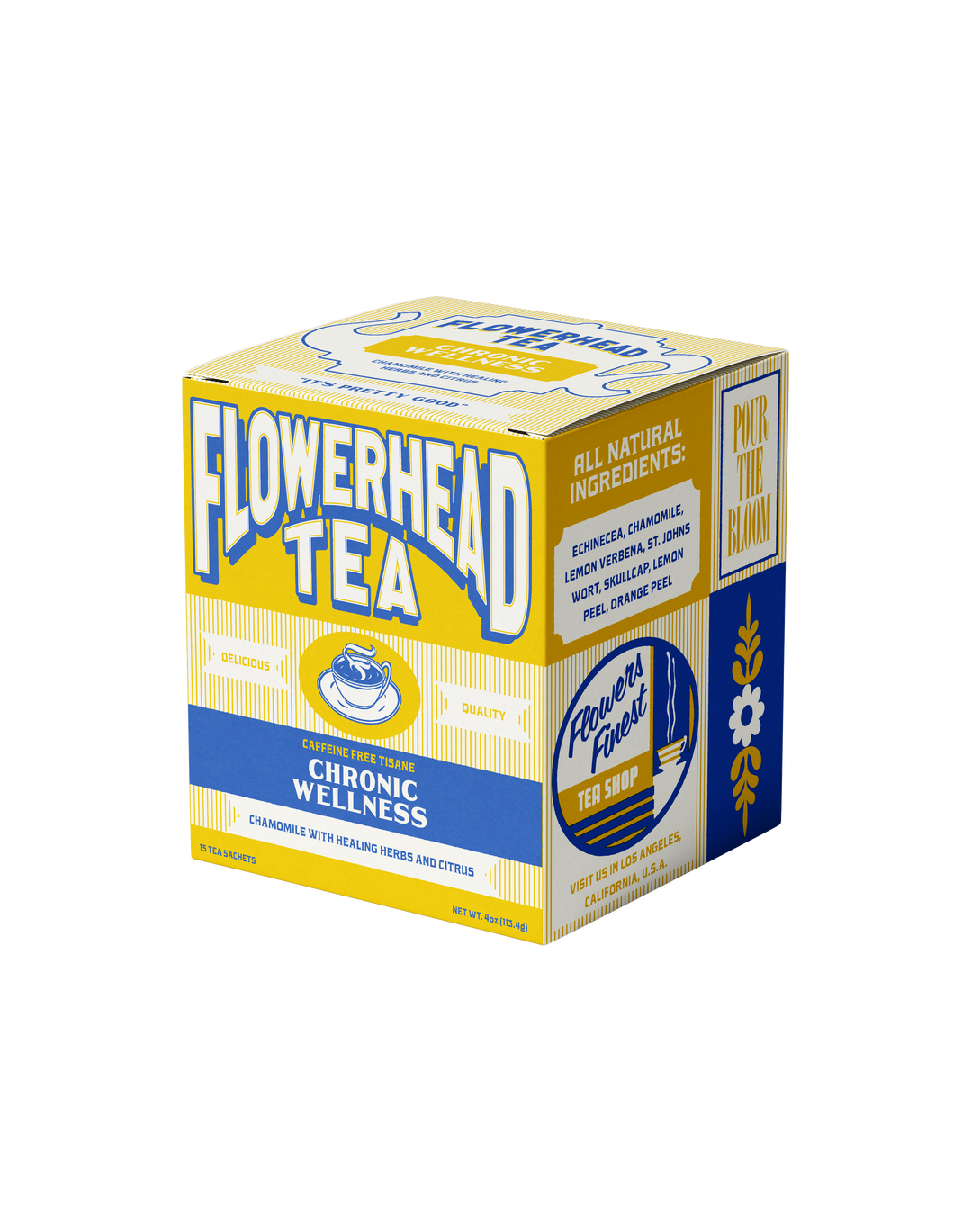 Picture of a yellow and blue box of 15 tea bags. The box is titled Chronic Wellness and marked caffeine free.