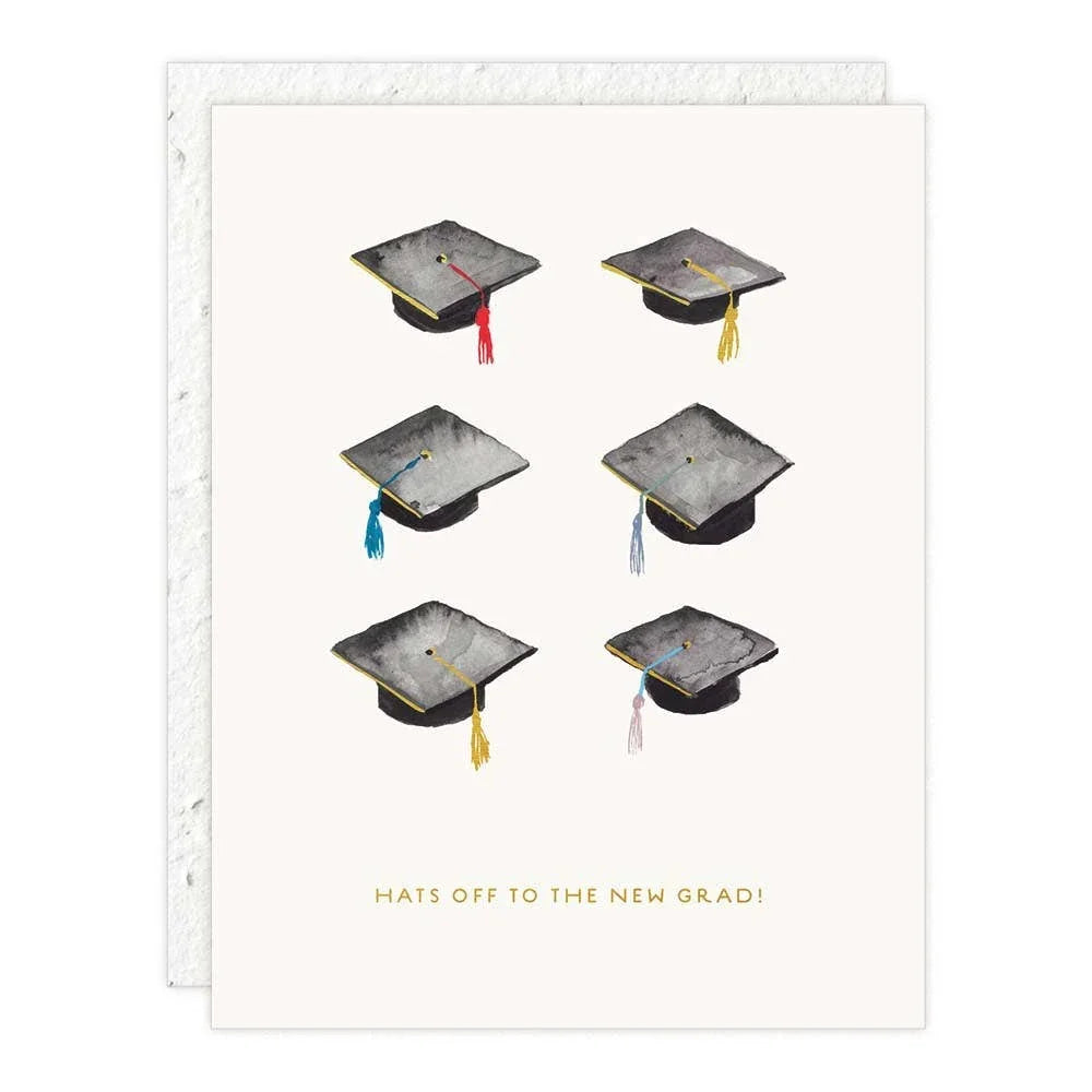 Graduation card with images of graduation caps and text 'Hats Off to the New Grad!' on a white background.