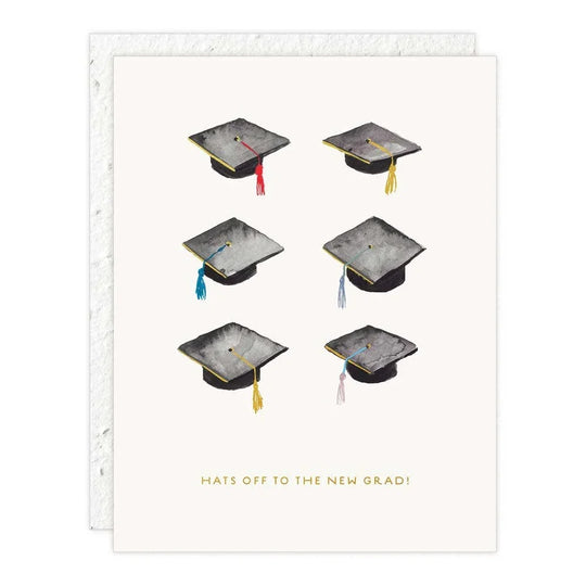 Graduation card with images of graduation caps and text 'Hats Off to the New Grad!' on a white background.