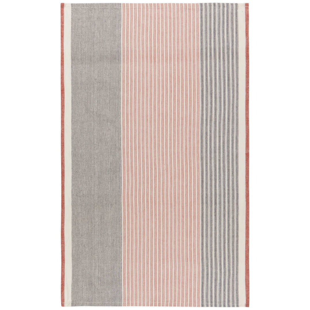 Striped rug with alternating gray and pink stripes on a white background