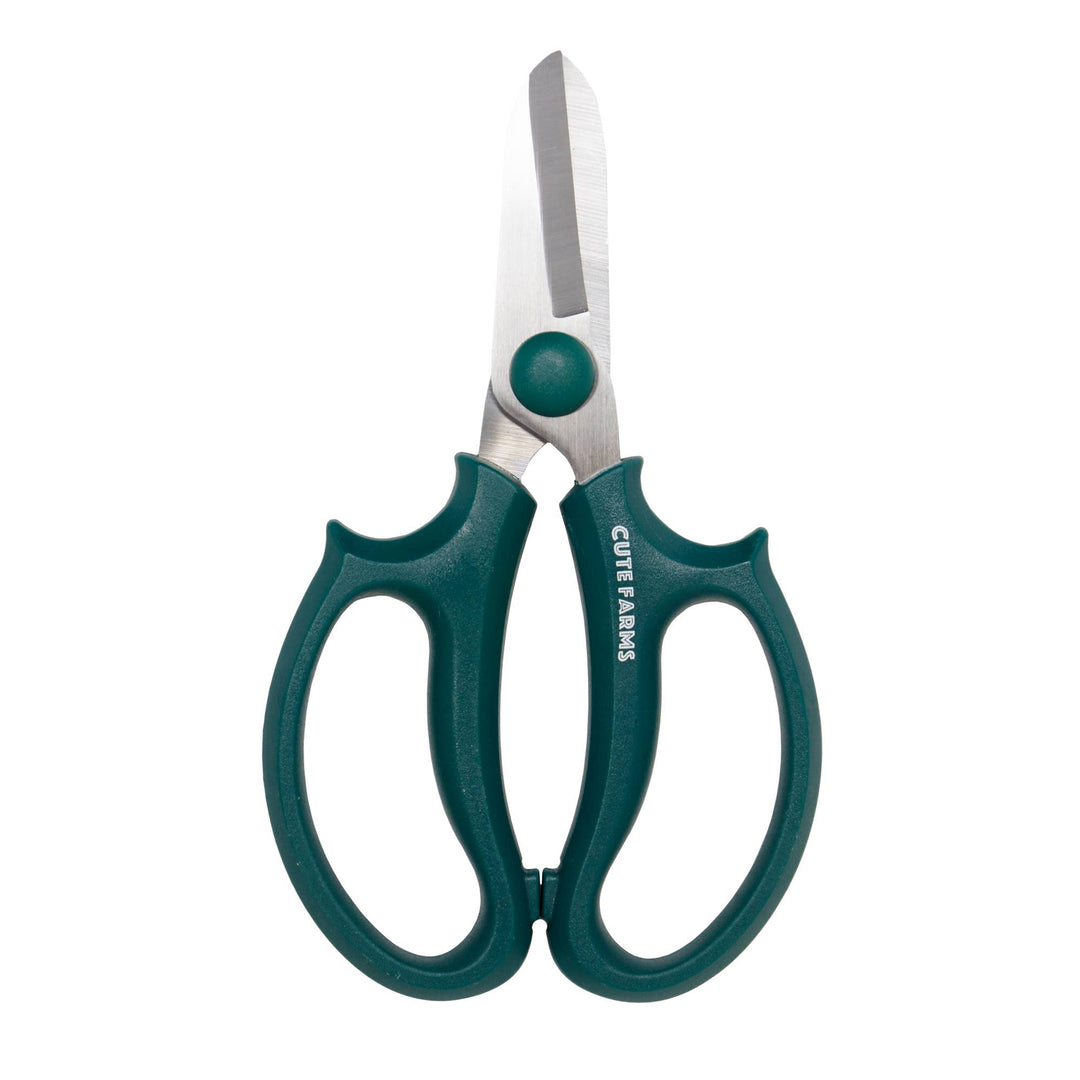 Green-handled scissors with 'CUTEF arms' branding on a white background