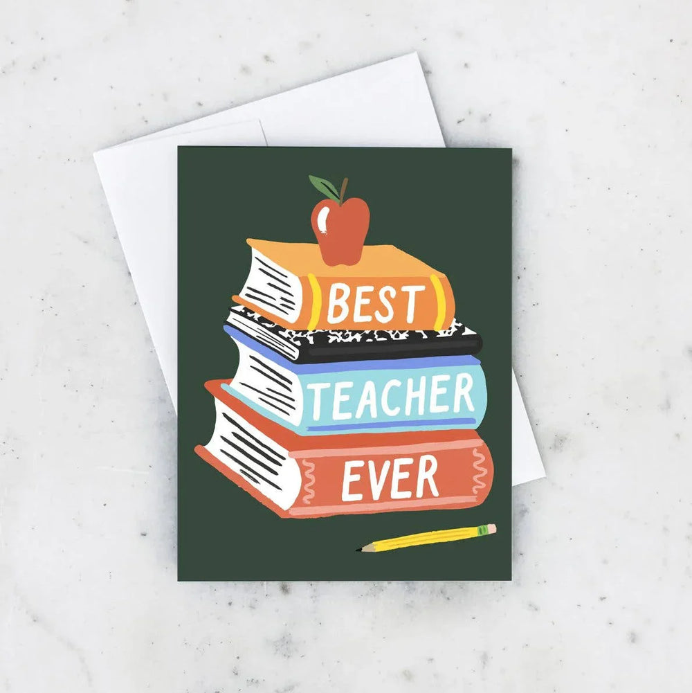 Greeting card with books and 'Best Teacher Ever' text on a white background