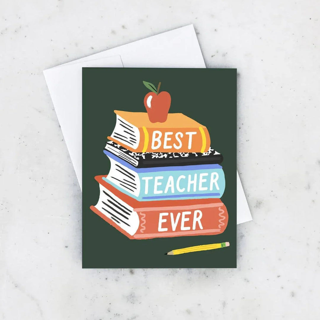 Greeting card with books and 'Best Teacher Ever' text on a white background