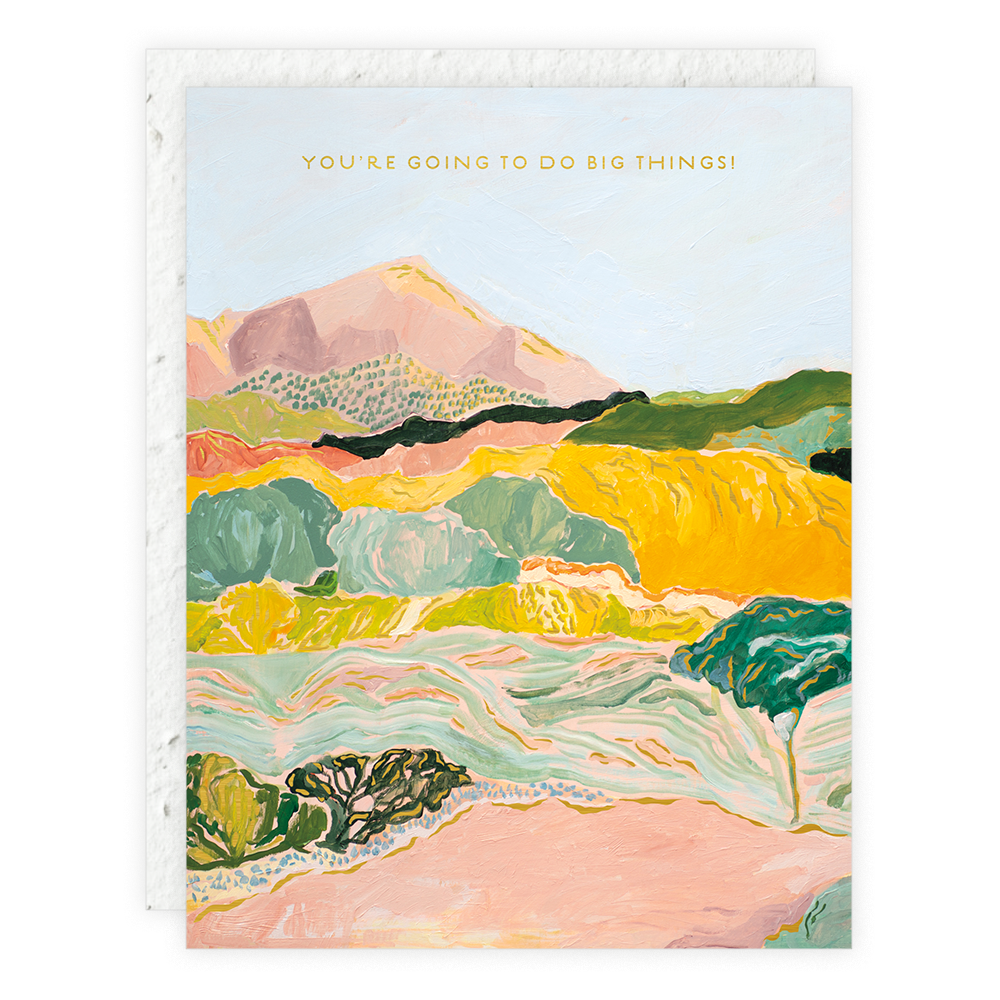 Colorful landscape illustration with mountains and text on a light blue background