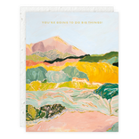 Colorful landscape illustration with mountains and text on a light blue background
