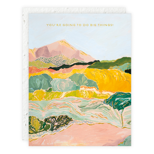 Colorful landscape illustration with mountains and text on a light blue background