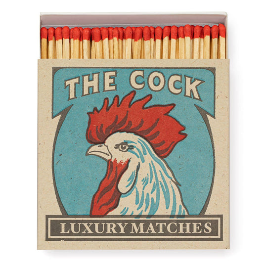 The Cock luxury matches with rooster design, red-tipped wooden matches in vintage box