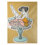 Illustration of a woman in a glass with 'Happy Birthday' text on a gold background