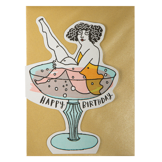 Illustration of a woman in a glass with 'Happy Birthday' text on a gold background