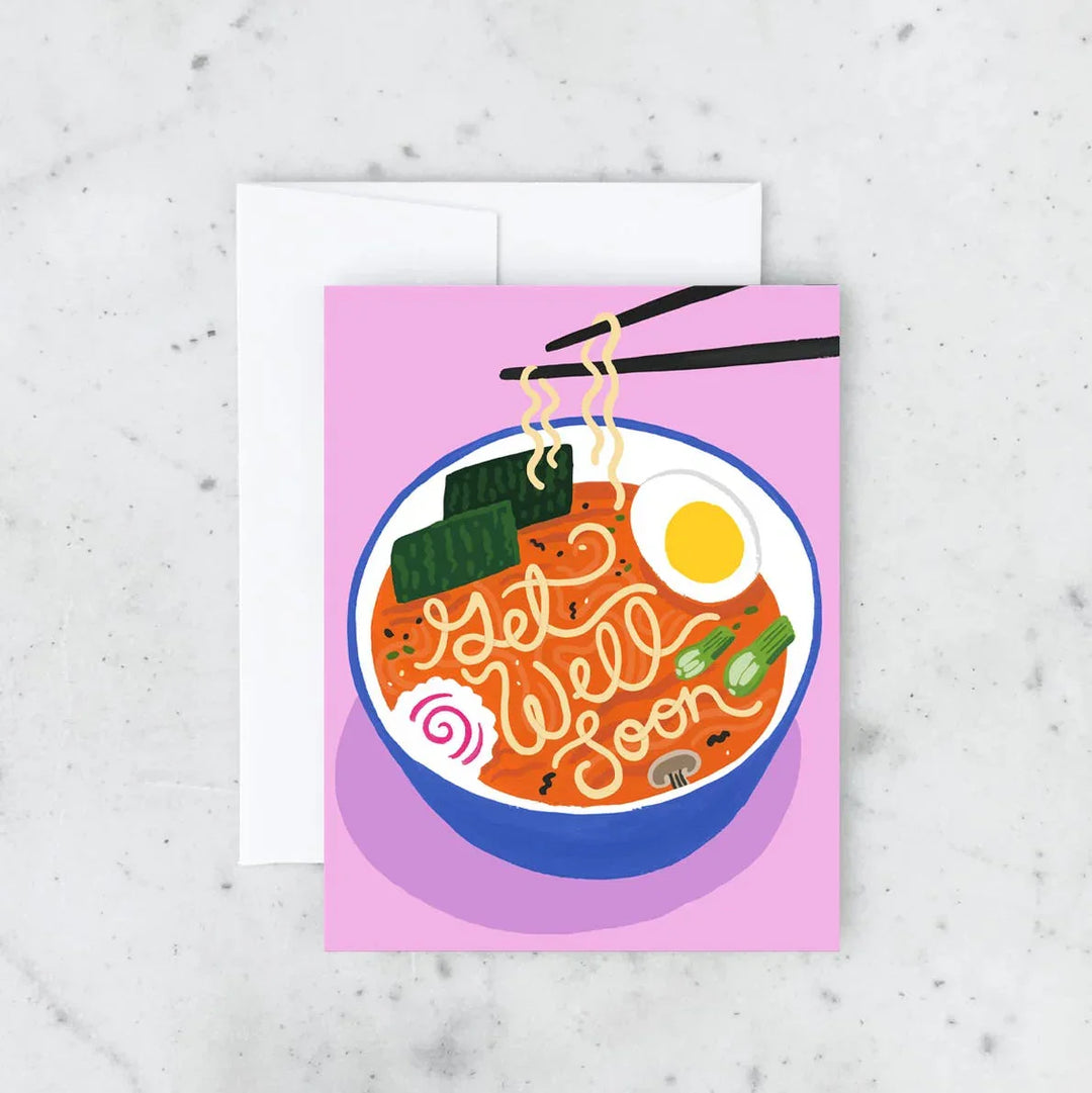 Greeting card with a bowl of ramen illustration on a pink background