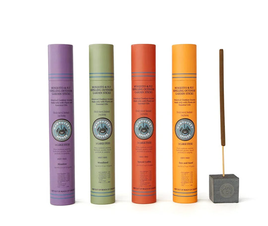 Mosquito & fly repelling outdoor garden sticks in colorful tubes with incense stick holder