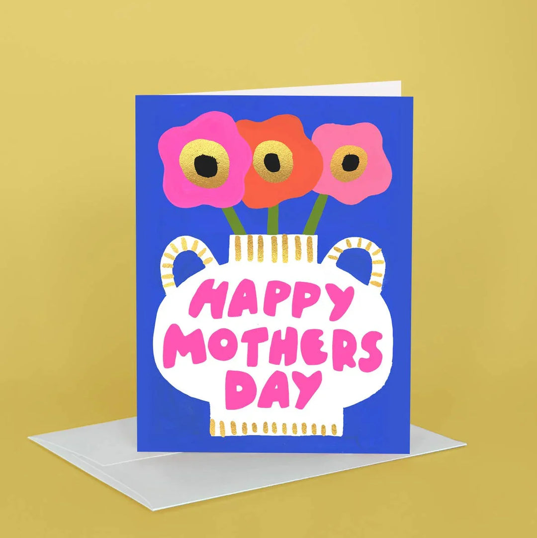 Greeting card with colorful flowers and 'Happy Mothers Day' text on a blue background