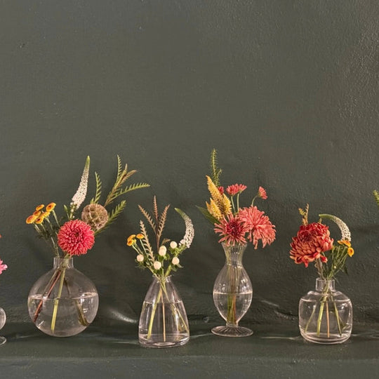 Elegant seasonal flower arrangements in glass vases, perfect for home decor or gifting.