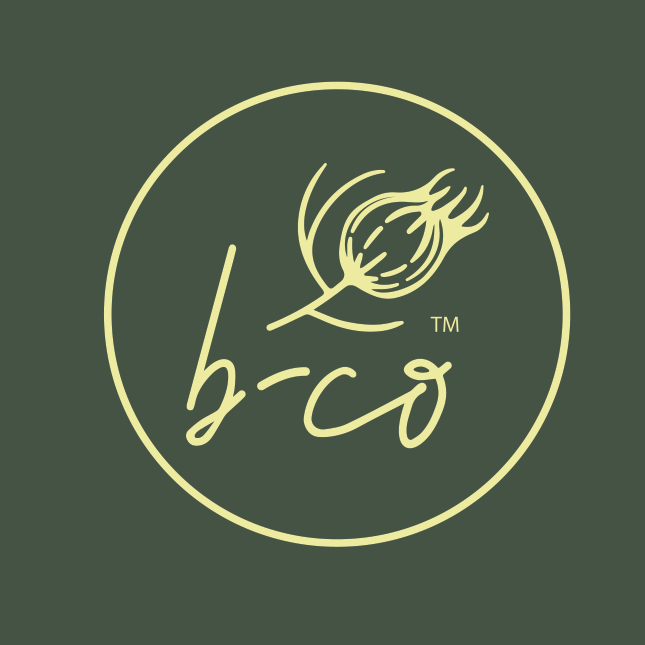 picture of Blooms Collective logo with a green back ground and soft yellow writing reading B-Co and a picture of a flower seed pod