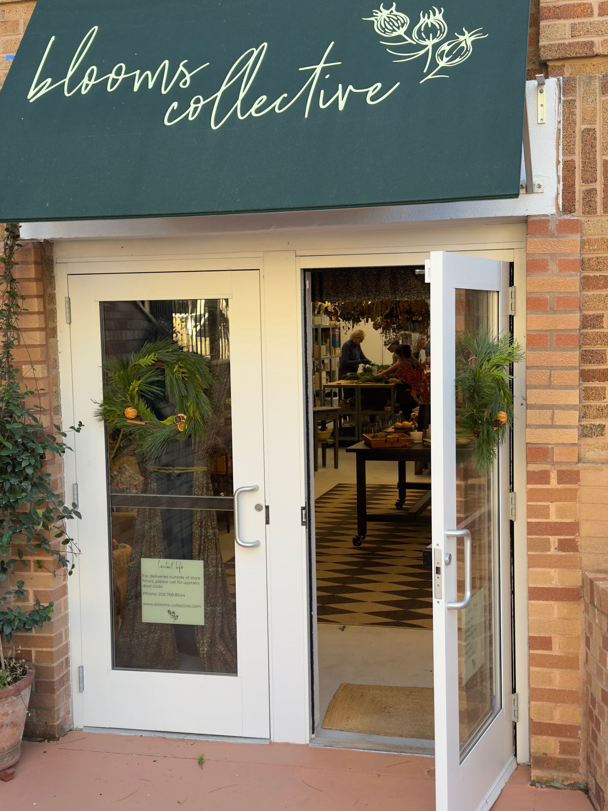 Storefront with 'blooms collective' sign on a green awning.
