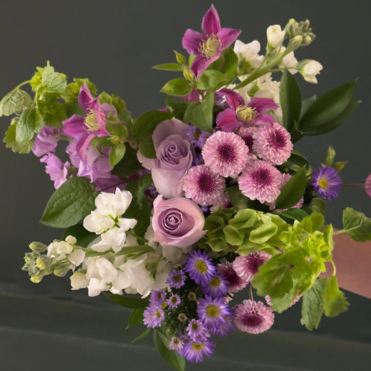 purple and green flower bouquet