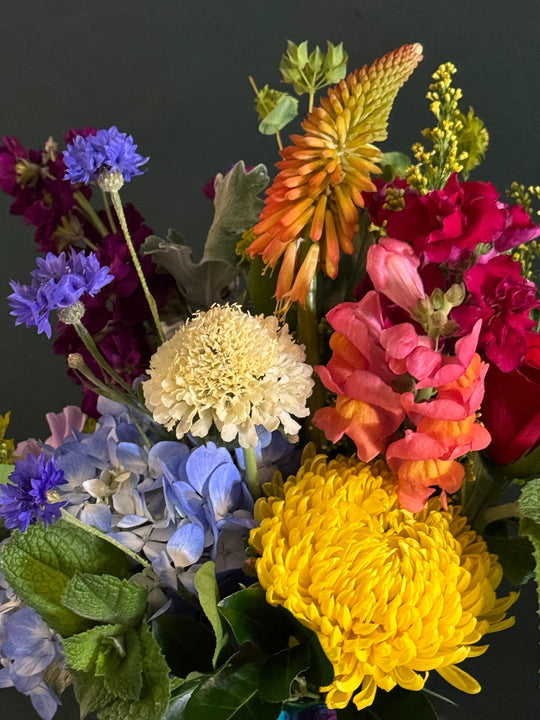 Bouquet of colorful flowers including yellow, pink, purple, and green on a dark background