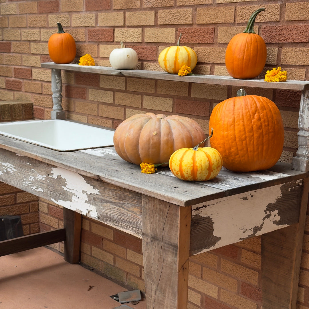 Pumpkins on a rustic wooden table against a brick wall