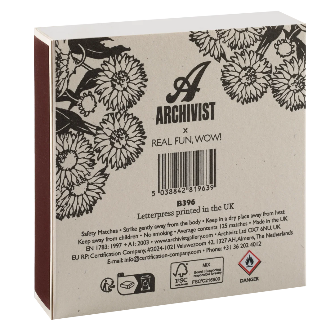 Back of a matchbox package showing floral black-and-white illustration, the Archivist x Real Fun, WOW! branding, a barcode, and printed safety and certification text on a white background.