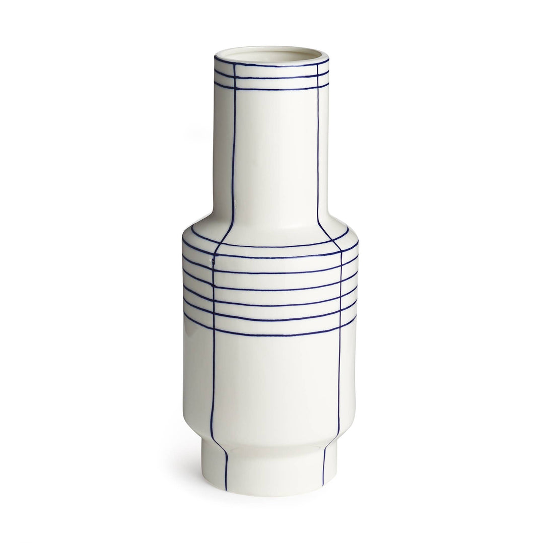 White vase with blue lines on a white background