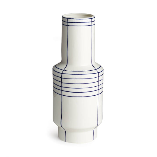 White vase with blue lines on a white background
