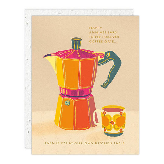 Greeting card with a colorful illustration of a coffee maker and a cup, featuring text about an anniversary.