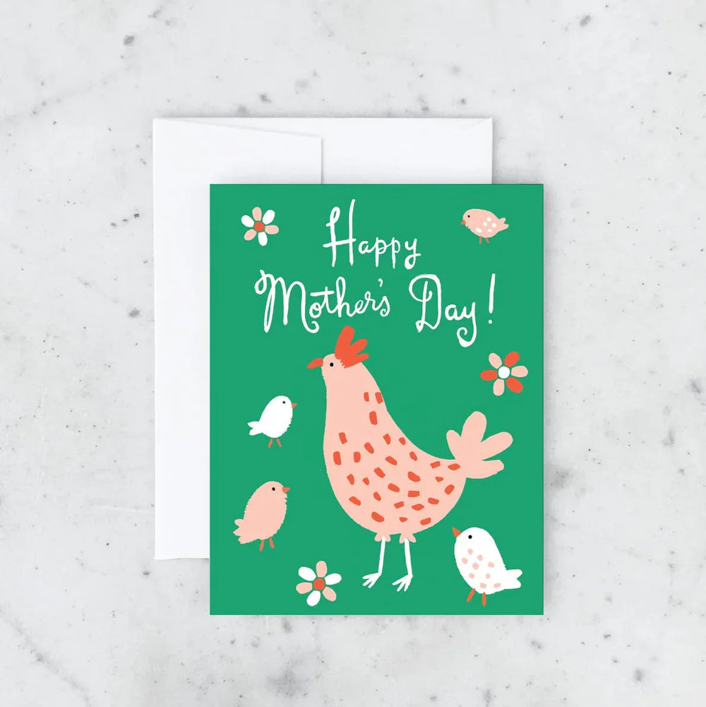 Mother's Day card with a chicken illustration on a green background