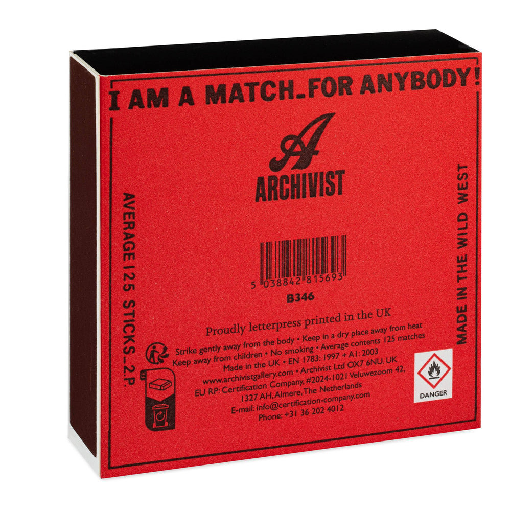 Red matchbox with black text and 'Archivist' branding on a white background