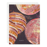 Greeting card with mosaic disco ball design and text 'You're the party always!' on a dark background.