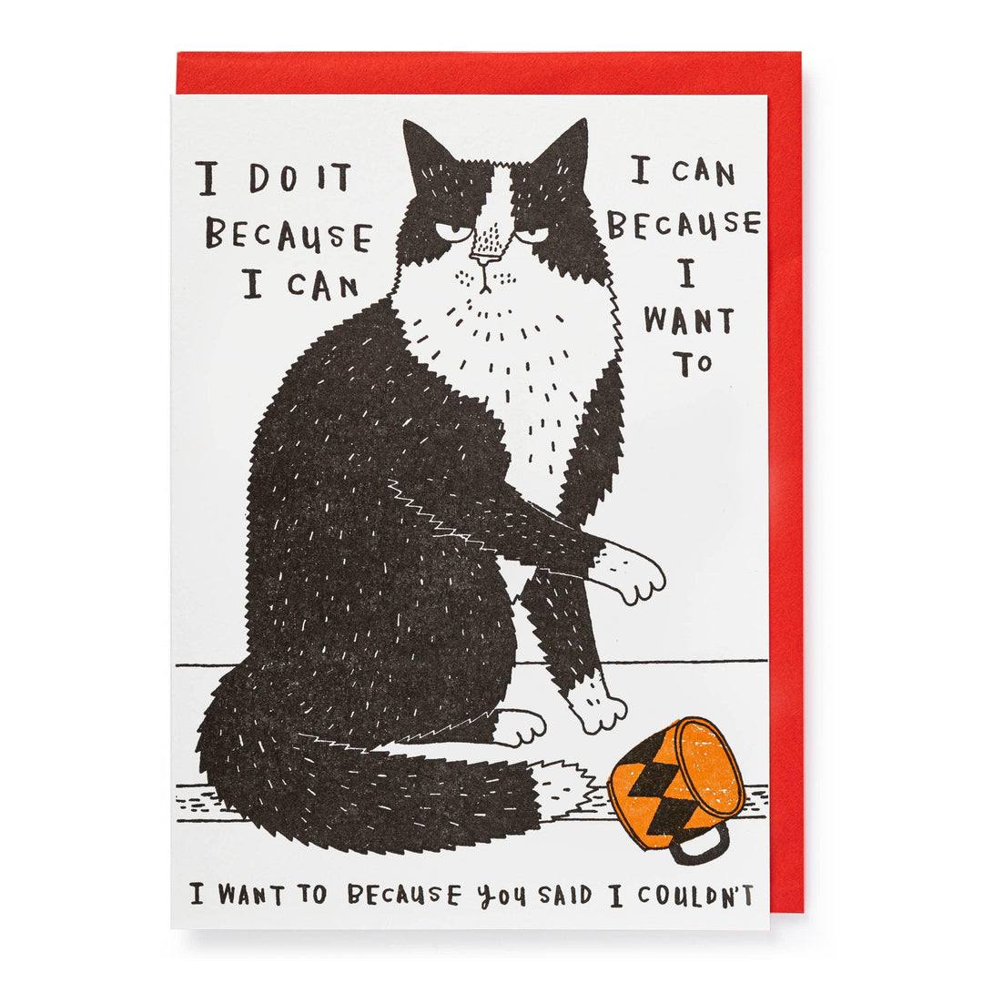 A square greeting card with a red border and a black-and-white illustrated cat sitting on a white background, surrounded by hand-lettered text. A small orange-and-black patterned object appears near the cat's feet.