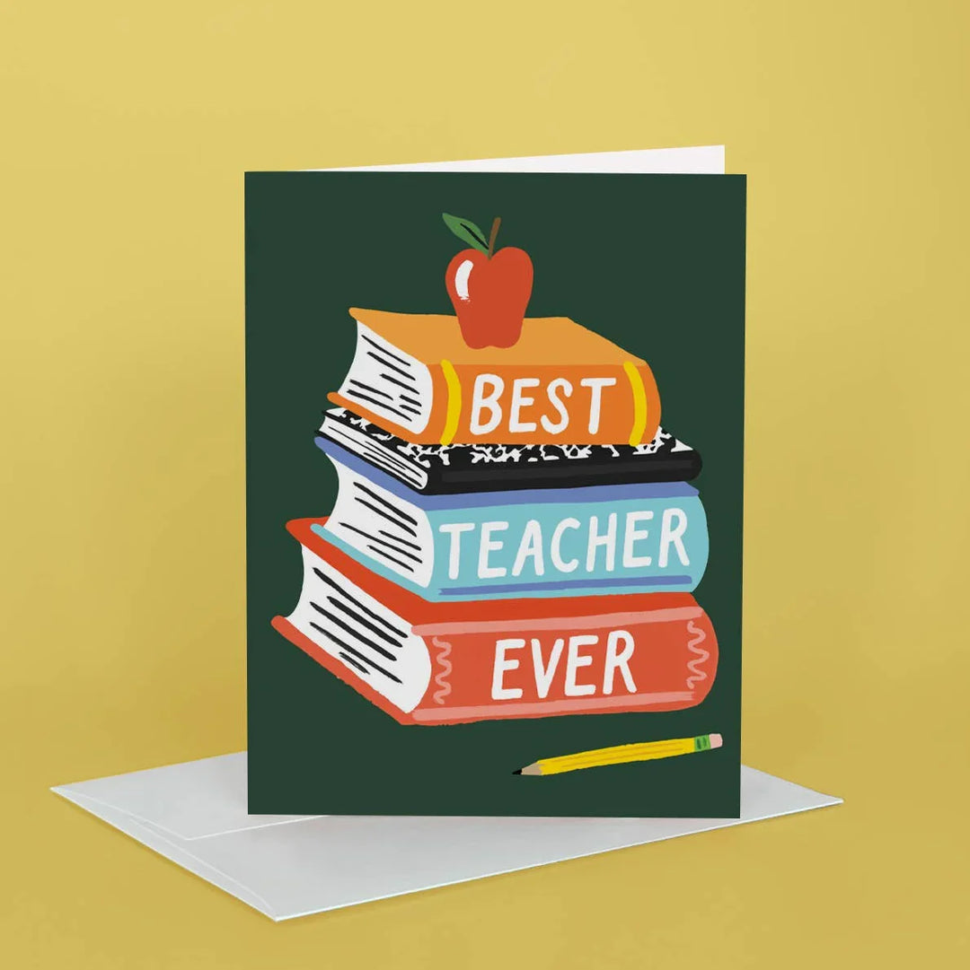 Greeting card with books and an apple on a green background, on a yellow background