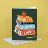 Greeting card with books and an apple on a green background, on a yellow background